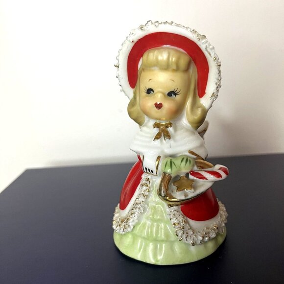 Vintage Lefton Christmas Bell Angel Porcelain Figurine Hand-Painted Signed - Picture 2 of 7